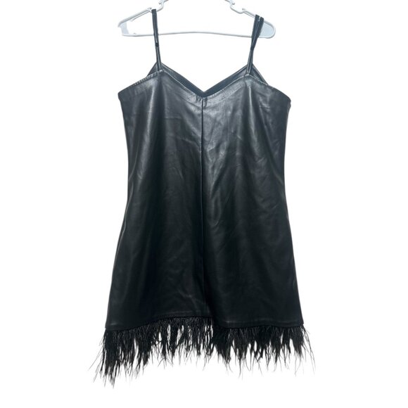 Aqua Faux Leather Slip Dress Womens Small Black Feather Trim Party  Whimsigoth - Picture 4 of 16